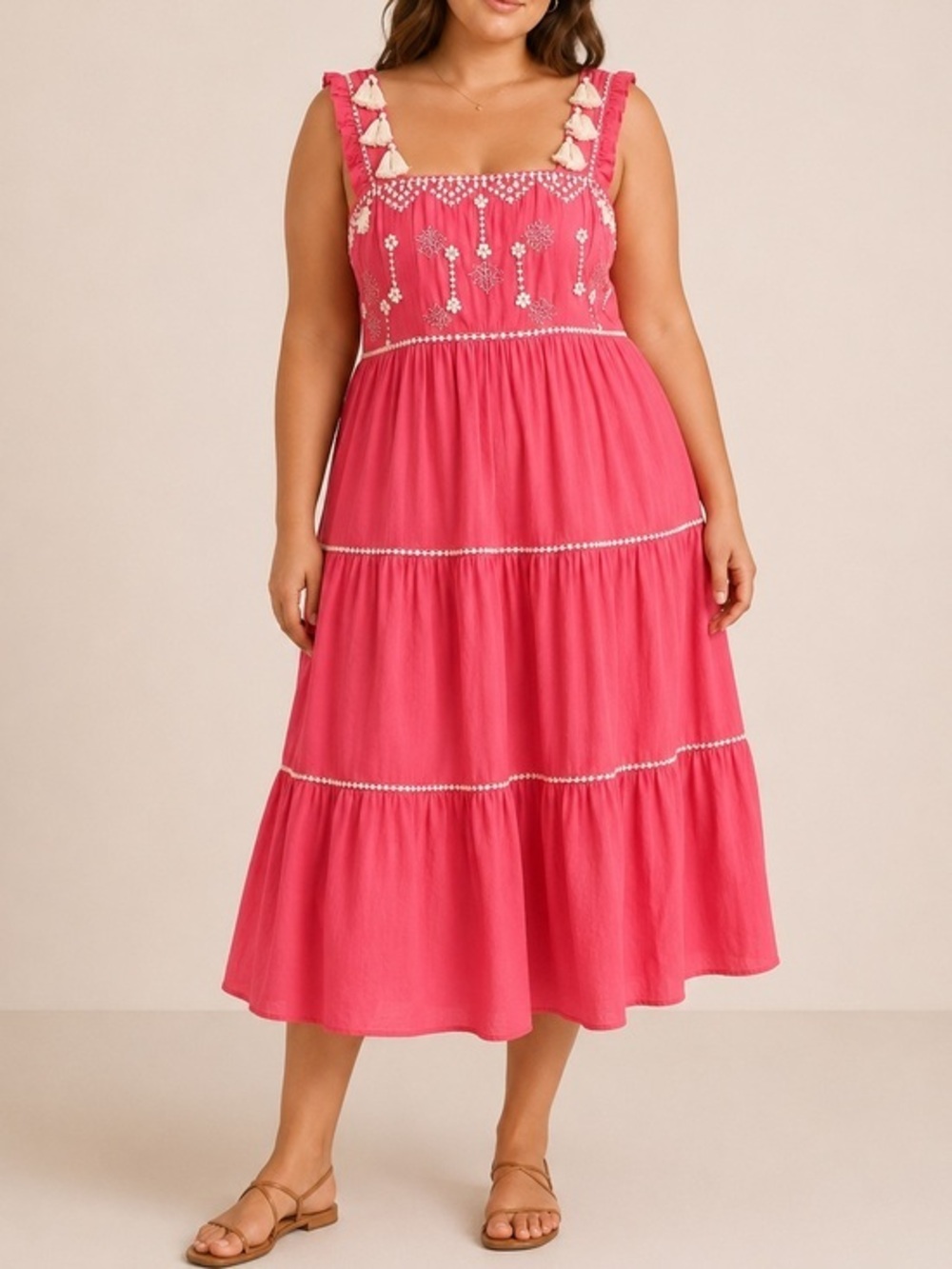 Ranna Gill Pink Embroidered Tiered Midi Dress Tassel Boho Size M